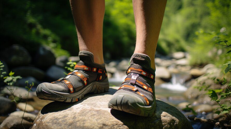 person wearing socks with hiking sandals on a river trail